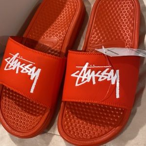 Red nike stussy slides